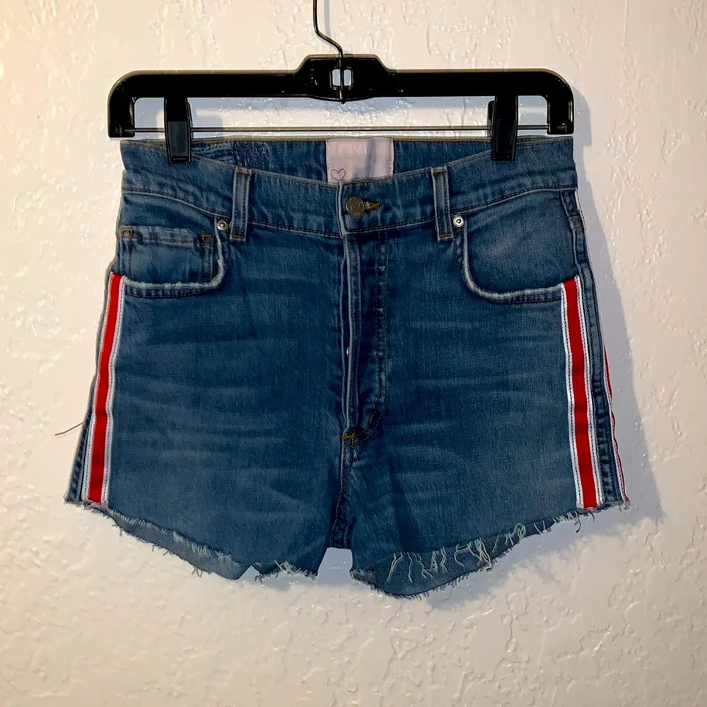 REVICE High Rise Red White Racer Stripe Raw Edge Blue Denim Short Shorts